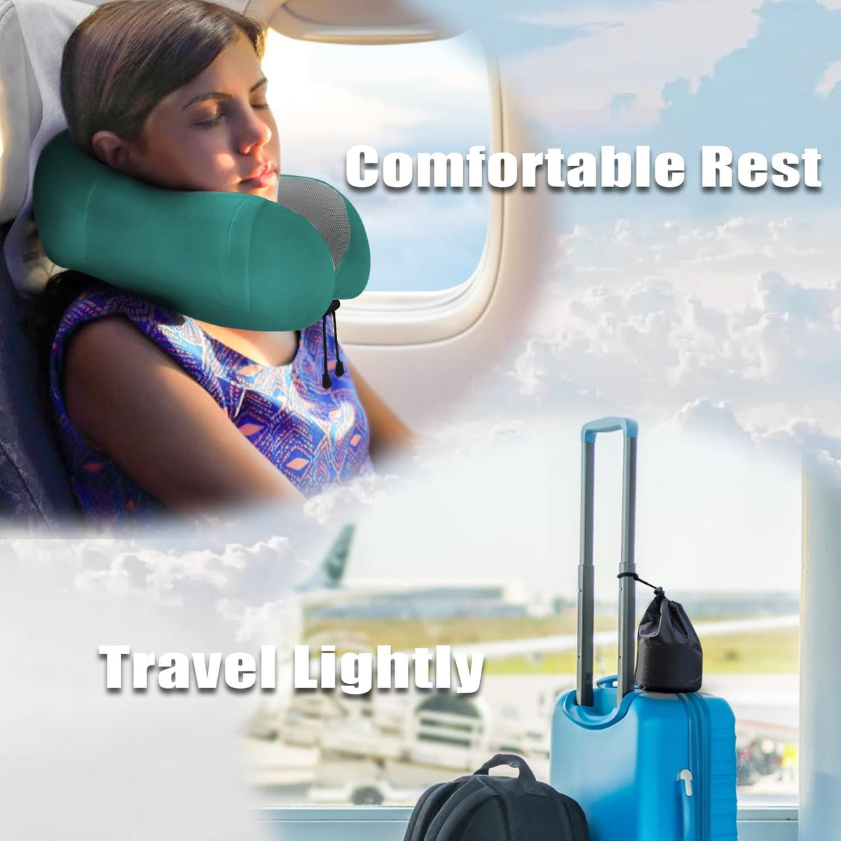 Travel Pillow, Memory Foam Neck Pillow for Traveling, U Shape Neck Pillow Airplane Portable Flight Pillow Travel Kit with 5D Contoured Eye Masks and Earplug for Plane Train Car Home Office