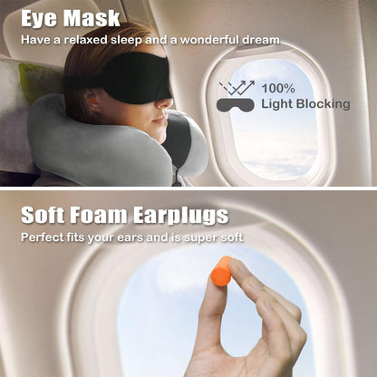 Travel Pillow, Memory Foam Neck Pillow for Traveling, U Shape Neck Pillow Airplane Portable Flight Pillow Travel Kit with 5D Contoured Eye Masks and Earplug for Plane Train Car Home Office