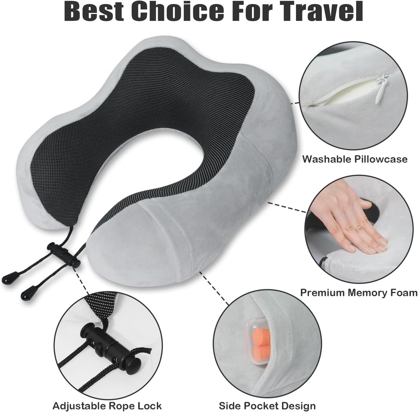 Travel Pillow, Memory Foam Neck Pillow for Traveling, U Shape Neck Pillow Airplane Portable Flight Pillow Travel Kit with 5D Contoured Eye Masks and Earplug for Plane Train Car Home Office