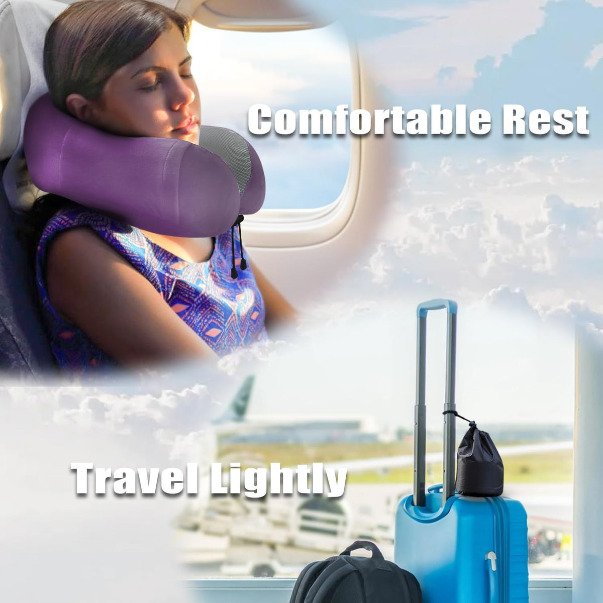 Travel Pillow, Memory Foam Neck Pillow for Traveling, U Shape Neck Pillow Airplane Portable Flight Pillow Travel Kit with 5D Contoured Eye Masks and Earplug for Plane Train Car Home Office
