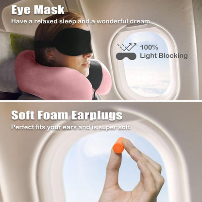 Travel Pillow, Memory Foam Neck Pillow for Traveling, U Shape Neck Pillow Airplane Portable Flight Pillow Travel Kit with 5D Contoured Eye Masks and Earplug for Plane Train Car Home Office