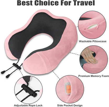 Travel Pillow, Memory Foam Neck Pillow for Traveling, U Shape Neck Pillow Airplane Portable Flight Pillow Travel Kit with 5D Contoured Eye Masks and Earplug for Plane Train Car Home Office