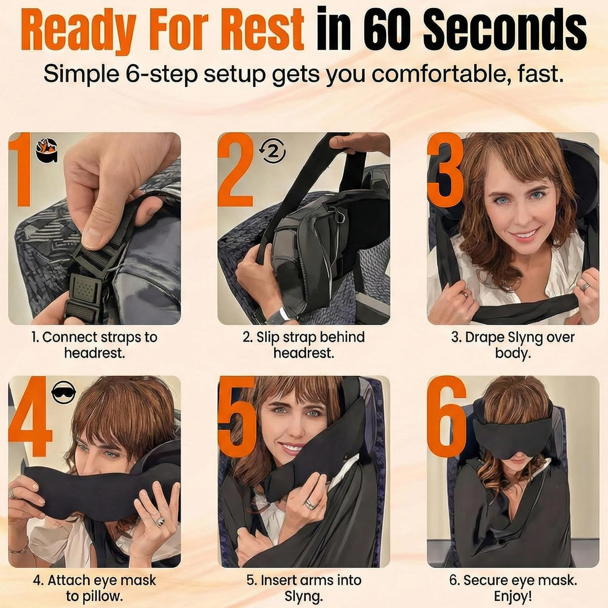 3-in-1 Airplane Sleep Support System - Integrated Plane Sleeping Accessories with Memory Foam Long Haul Flight Pillow, Adjustable Travel Eye Mask, and Blanket-Like Body Sling - Fits in Carry On