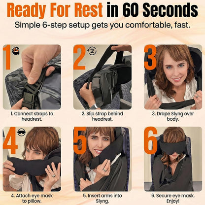 3-in-1 Airplane Sleep Support System - Integrated Plane Sleeping Accessories with Memory Foam Long Haul Flight Pillow, Adjustable Travel Eye Mask, and Blanket-Like Body Sling - Fits in Carry On
