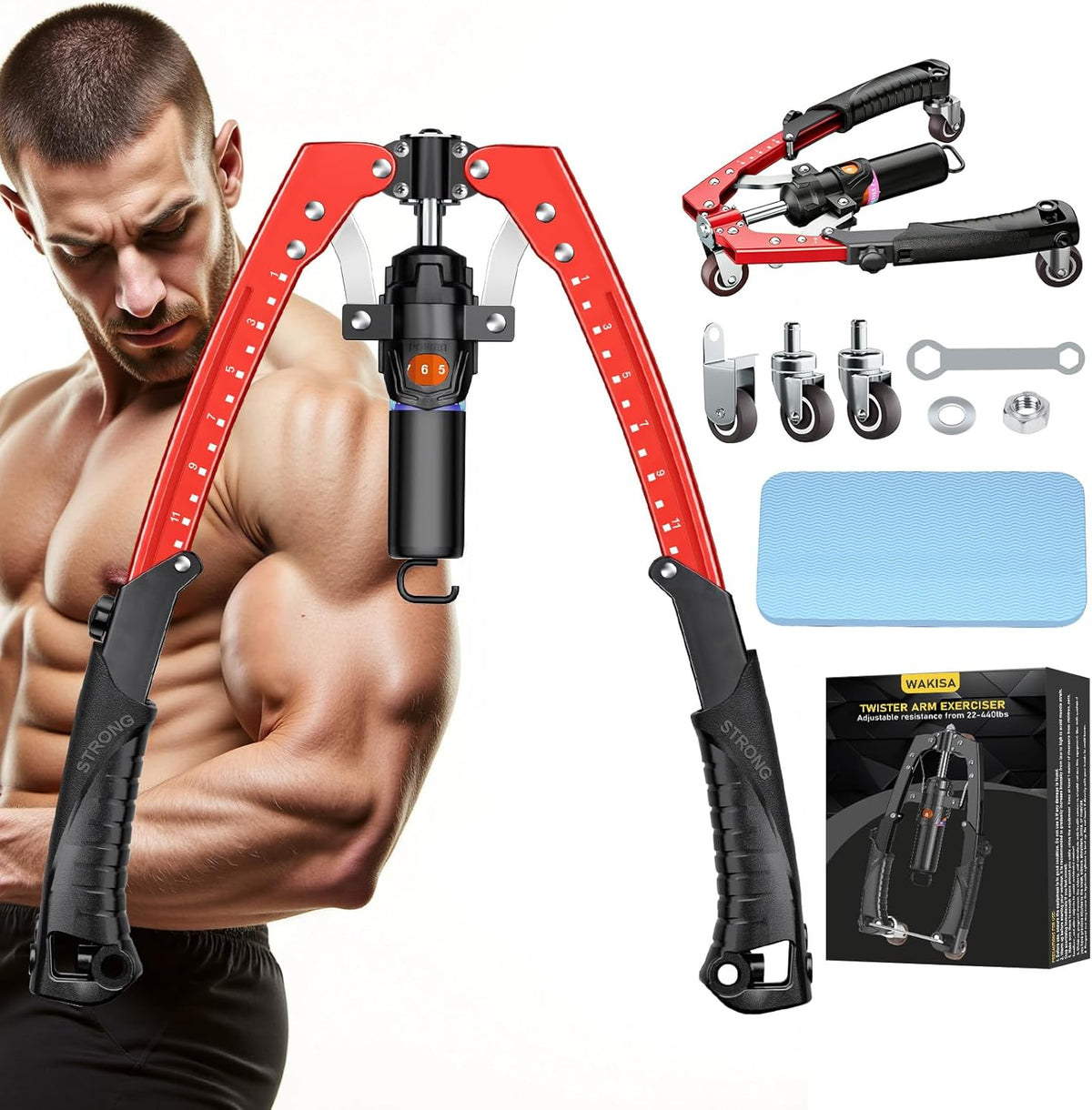 Twister Arm Trainer, 3 in 1 Hydraulic Power Chest Workout Equipment with Ab Roller Wheels and Hooks, Adjustable 22-440lbs Arm Trainer for Men Women, Home Gym Equipment for Full Body Strength Training