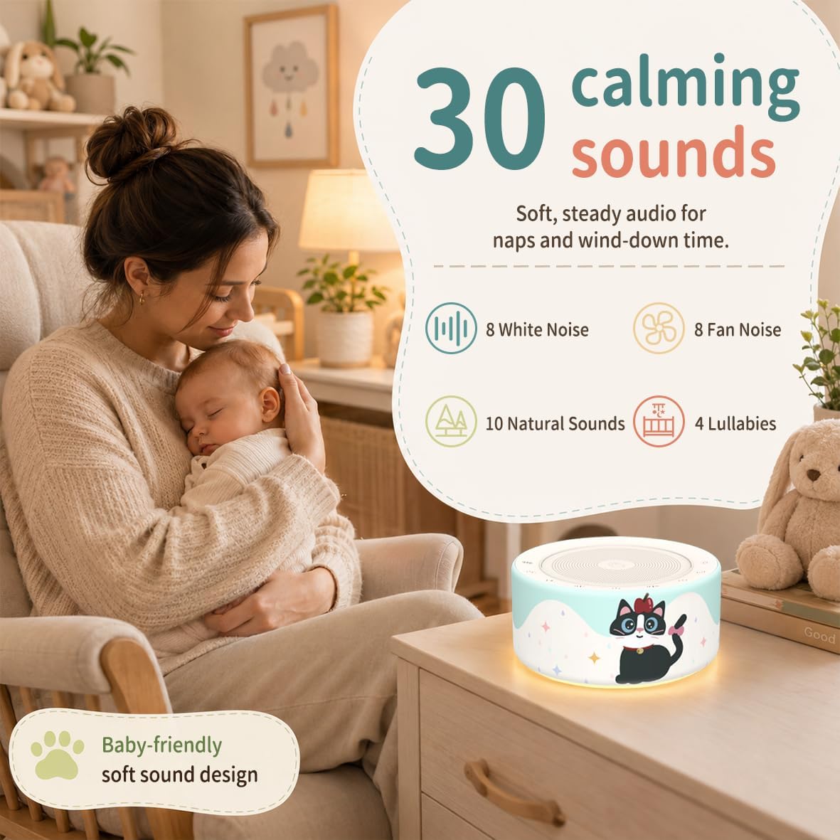 White Noise Machine for Baby & Adults, 30 Soothing Sounds, Sleep Sound Machine with 8 Color Night Light, Memory Function, White Noise for Sleeping, Nursery, Office, Travel & Relaxation