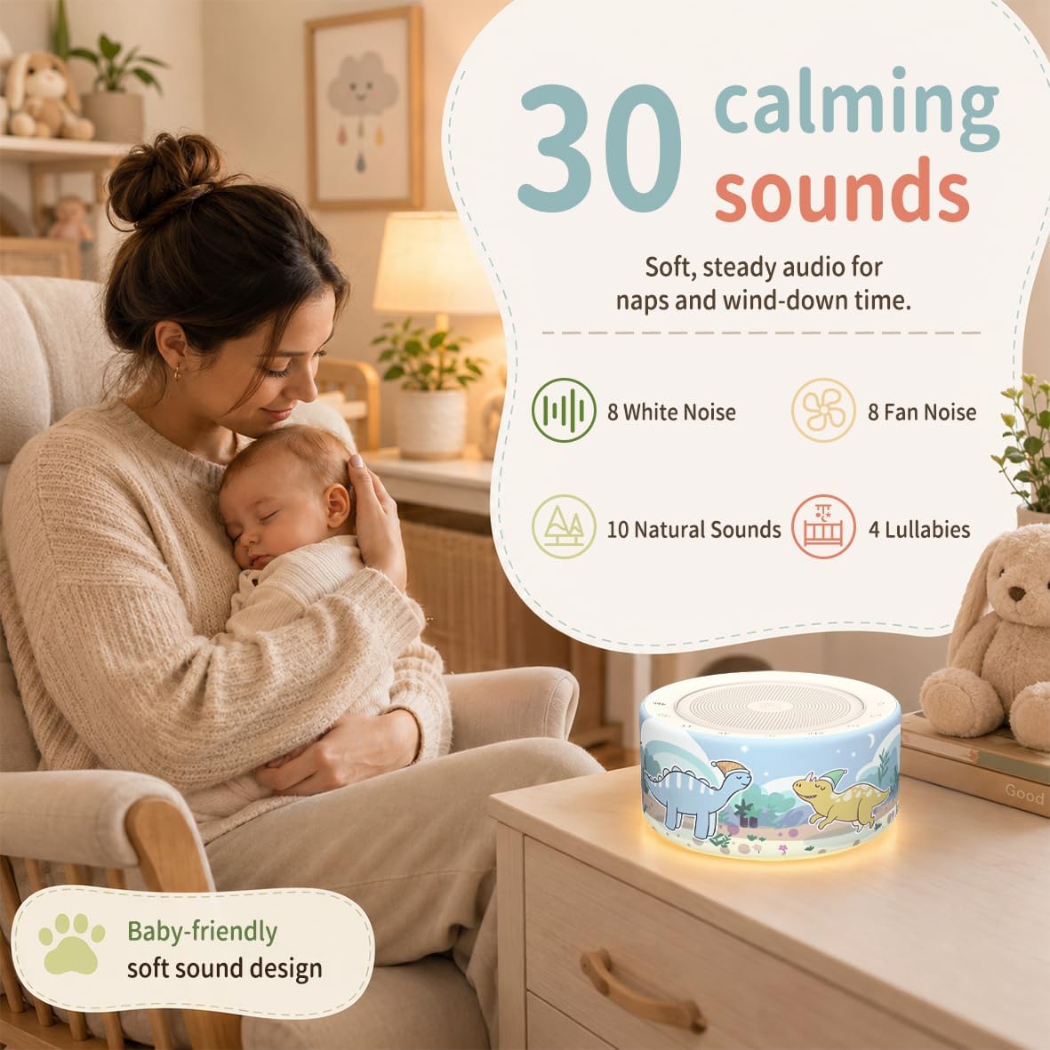 White Noise Machine for Baby & Adults, 30 Soothing Sounds, Sleep Sound Machine with 8 Color Night Light, Memory Function, White Noise for Sleeping, Nursery, Office, Travel & Relaxation