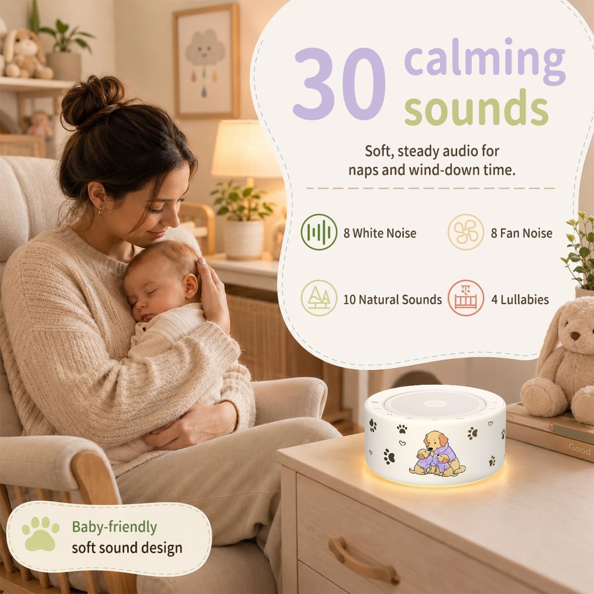 White Noise Machine for Baby & Adults, 30 Soothing Sounds, Sleep Sound Machine with 8 Color Night Light, Memory Function, White Noise for Sleeping, Nursery, Office, Travel & Relaxation