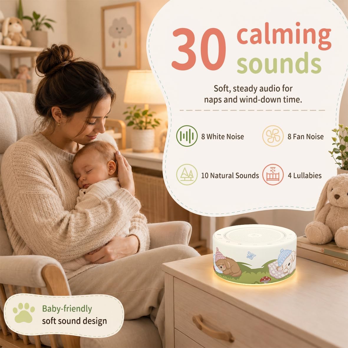 White Noise Machine for Baby & Adults, 30 Soothing Sounds, Sleep Sound Machine with 8 Color Night Light, Memory Function, White Noise for Sleeping, Nursery, Office, Travel & Relaxation