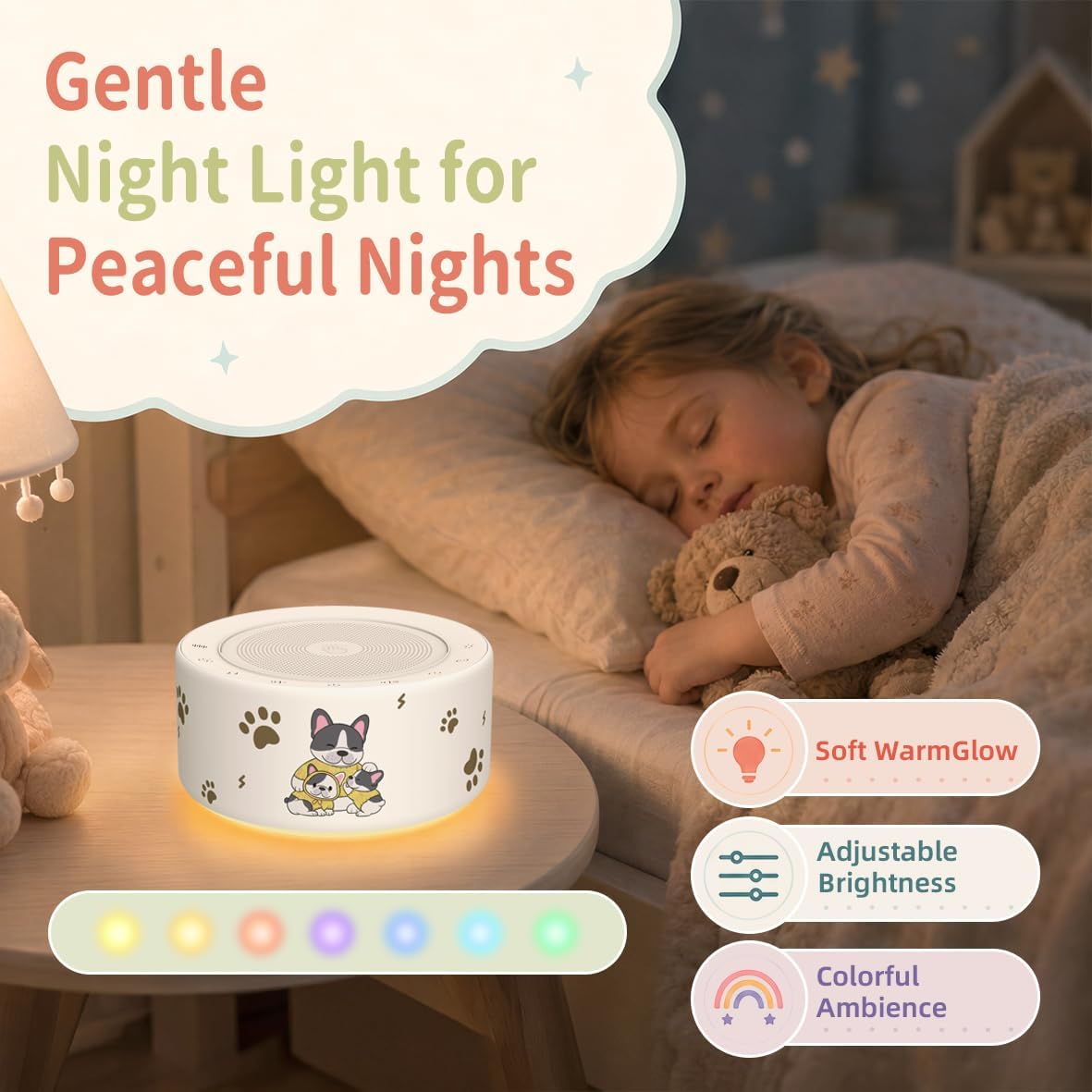 White Noise Machine for Baby & Adults, 30 Soothing Sounds, Sleep Sound Machine with 8 Color Night Light, Memory Function, White Noise for Sleeping, Nursery, Office, Travel & Relaxation
