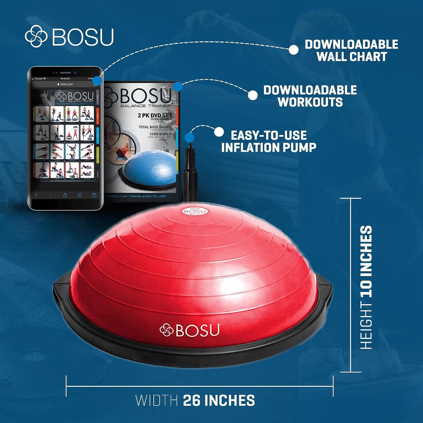 Balance Ball Exercise Trainer, Home Gym Equipment w/Guided Workouts & Pump, 26" Inflatable Fitness Platform for Strength Training, Standing, Balancing, and Core Workout