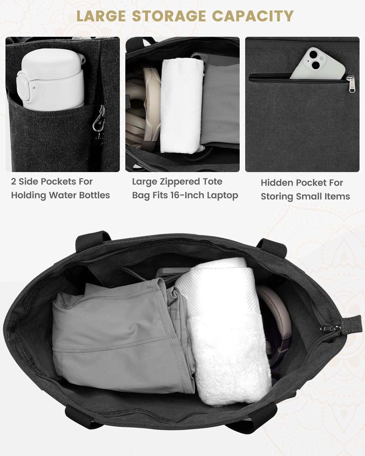 Yoga Mat Bag, Large Tote Bag with Multi Pockets for Women Men, Canvas Mat Carrier, Full Zipper Easy Access for Pilates Gym Travel