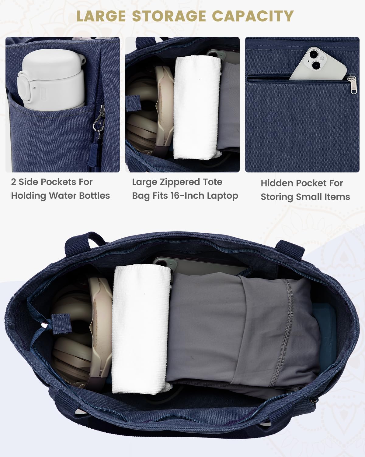 Yoga Mat Bag, Large Tote Bag with Multi Pockets for Women Men, Canvas Mat Carrier, Full Zipper Easy Access for Pilates Gym Travel