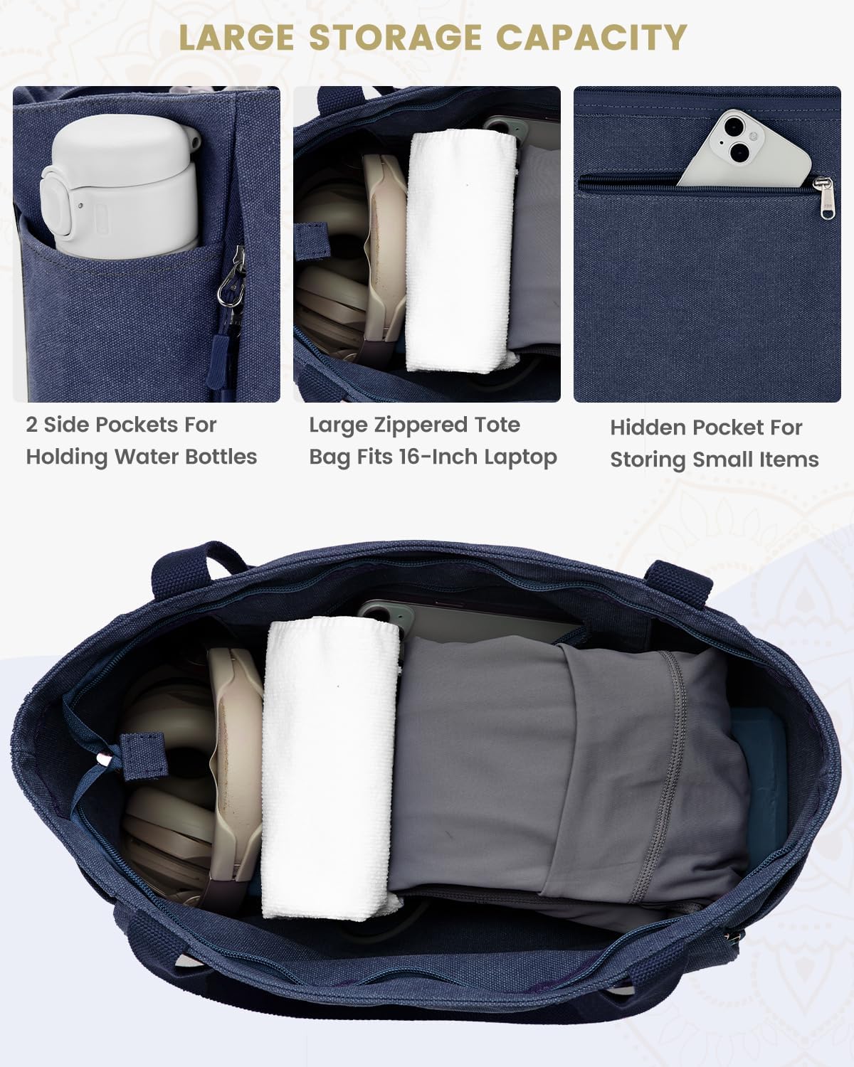 Yoga Mat Bag, Large Tote Bag with Multi Pockets for Women Men, Canvas Mat Carrier, Full Zipper Easy Access for Pilates Gym Travel