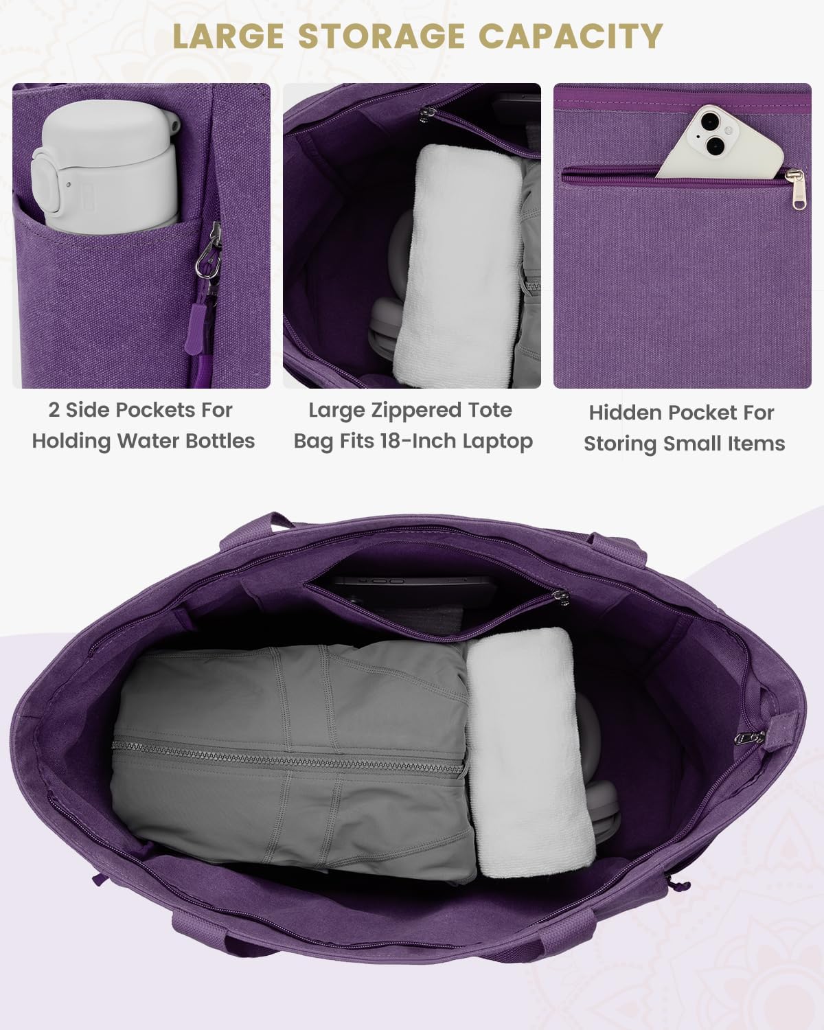 Yoga Mat Bag, Large Tote Bag with Multi Pockets for Women Men, Canvas Mat Carrier, Full Zipper Easy Access for Pilates Gym Travel