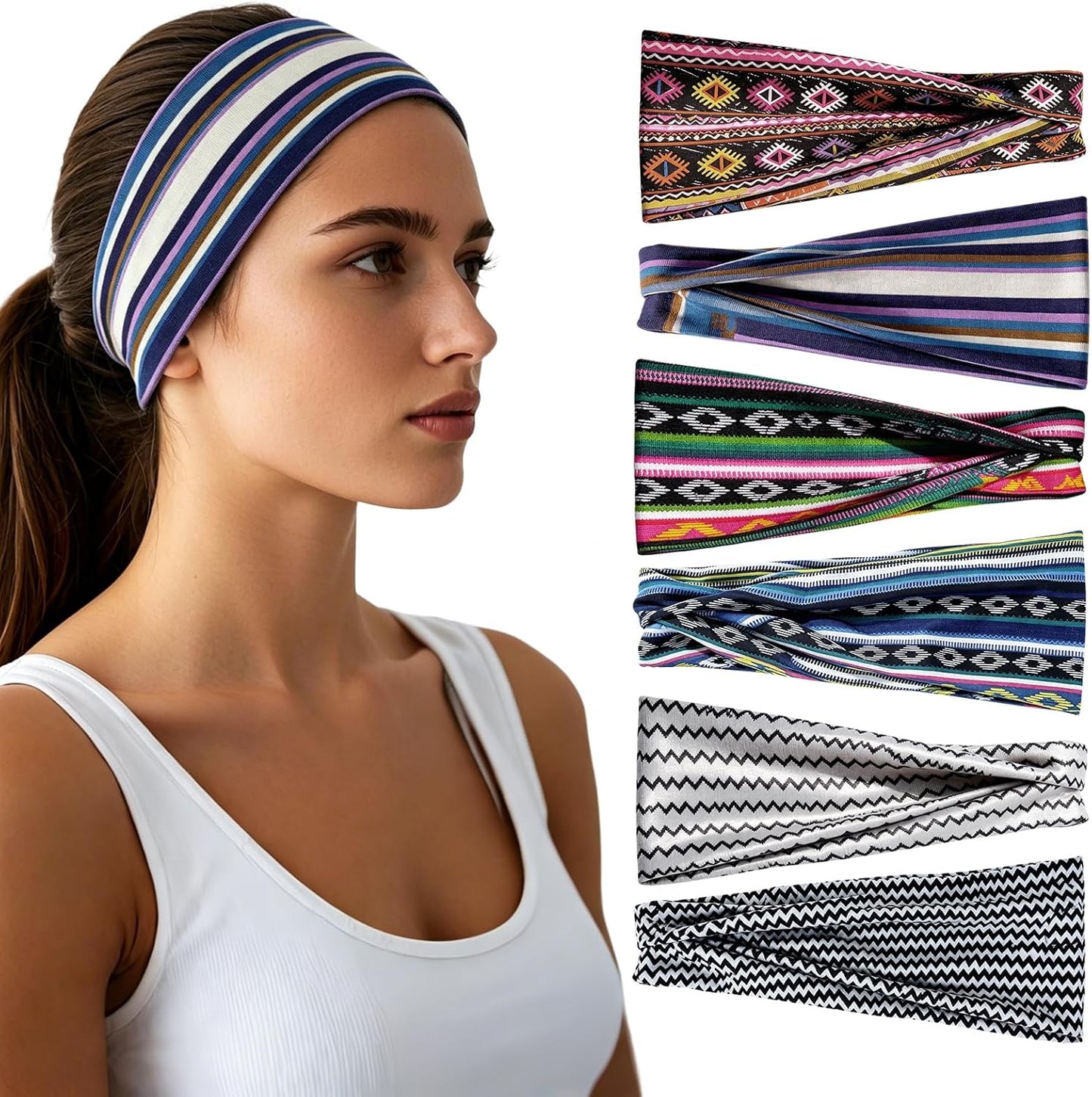 Headbands for Women - 6 Pack Wide Elastic Hair Bands | Stretchy Sweatbands Hair Bands | Soft Sports Thin Head Bands | Non-Slip Accessories Bands for Fashion, Washing Face, Workouts, Yoga, Daily Use