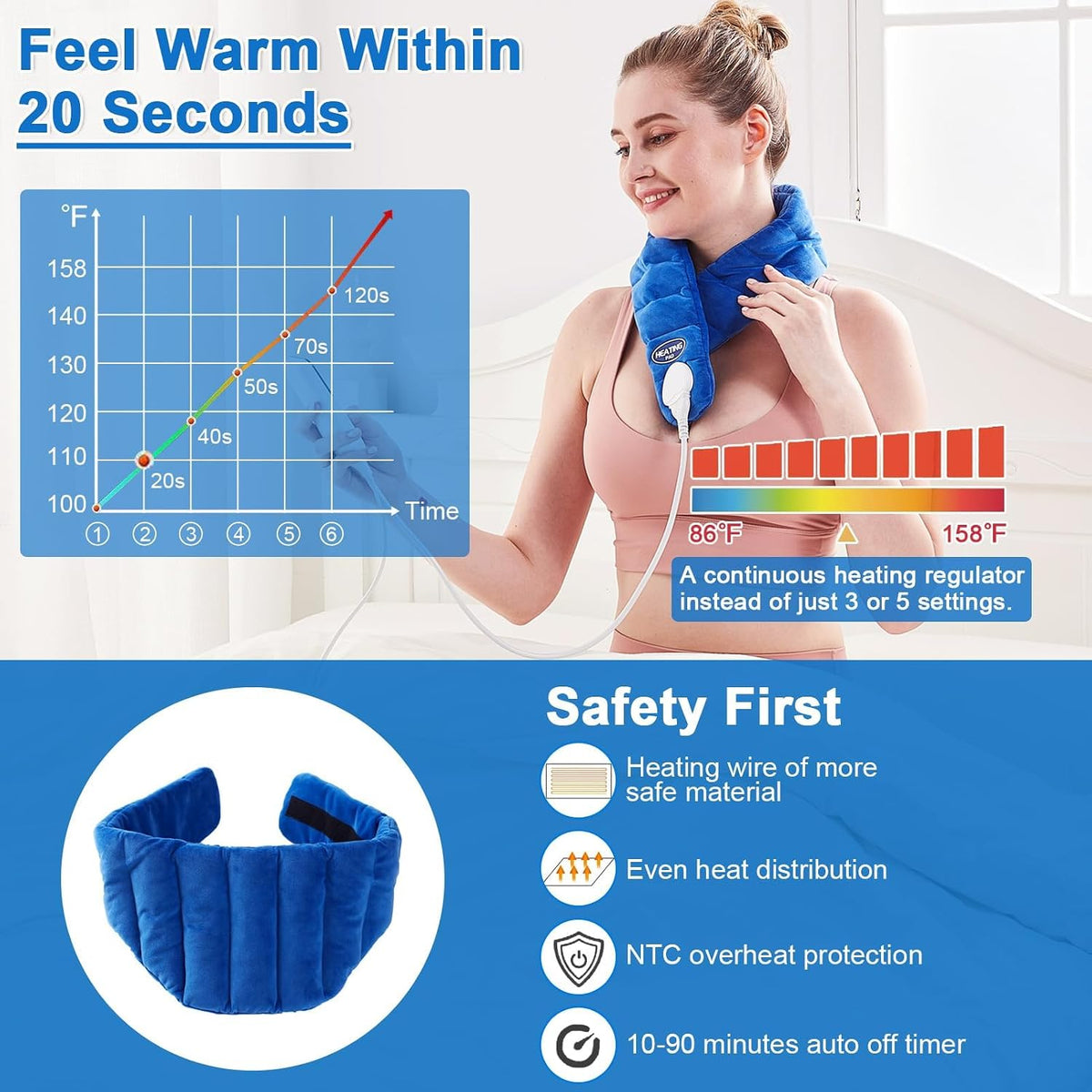 Heating Pad for Neck, Hands-Free Electric Heated Neck Wrap for Pain Relief, 29"×8'' Neck Heat Pad with 8.53ft Power Cord, Auto Shut Off,Size/Temperature/Time Adjustable（Navy）