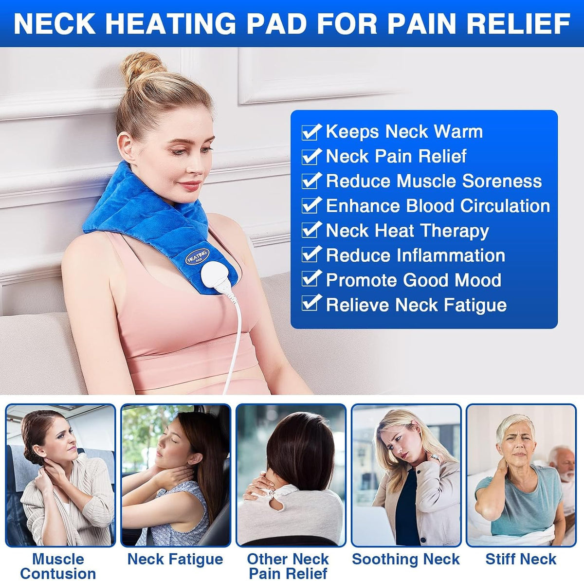 Heating Pad for Neck, Hands-Free Electric Heated Neck Wrap for Pain Relief, 29"×8'' Neck Heat Pad with 8.53ft Power Cord, Auto Shut Off,Size/Temperature/Time Adjustable（Navy）