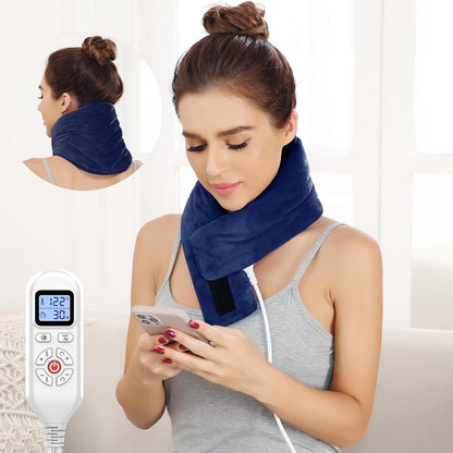 Heating Pad for Neck, Hands-Free Electric Heated Neck Wrap for Pain Relief, 29"×8'' Neck Heat Pad with 8.53ft Power Cord, Auto Shut Off,Size/Temperature/Time Adjustable（Navy）