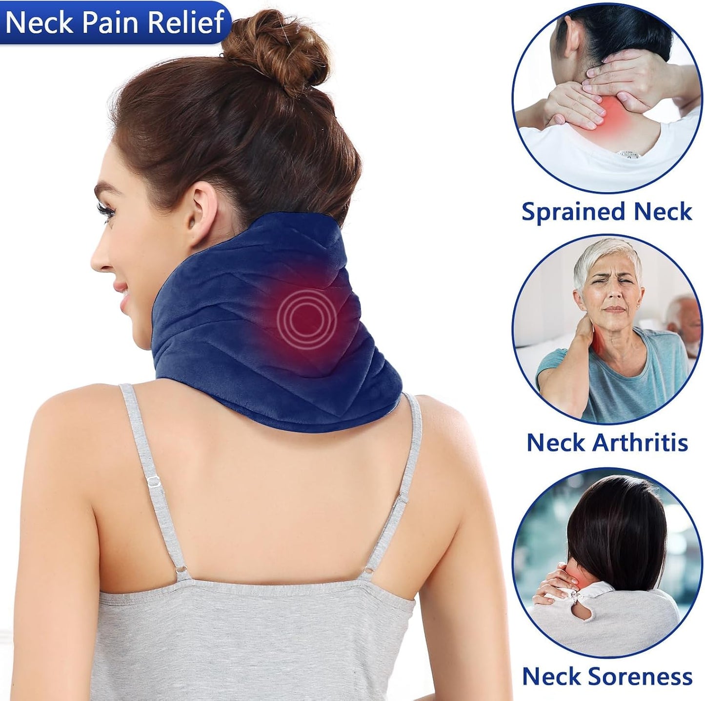 Heating Pad for Neck, Hands-Free Electric Heated Neck Wrap for Pain Relief, 29"×8'' Neck Heat Pad with 8.53ft Power Cord, Auto Shut Off,Size/Temperature/Time Adjustable（Navy）
