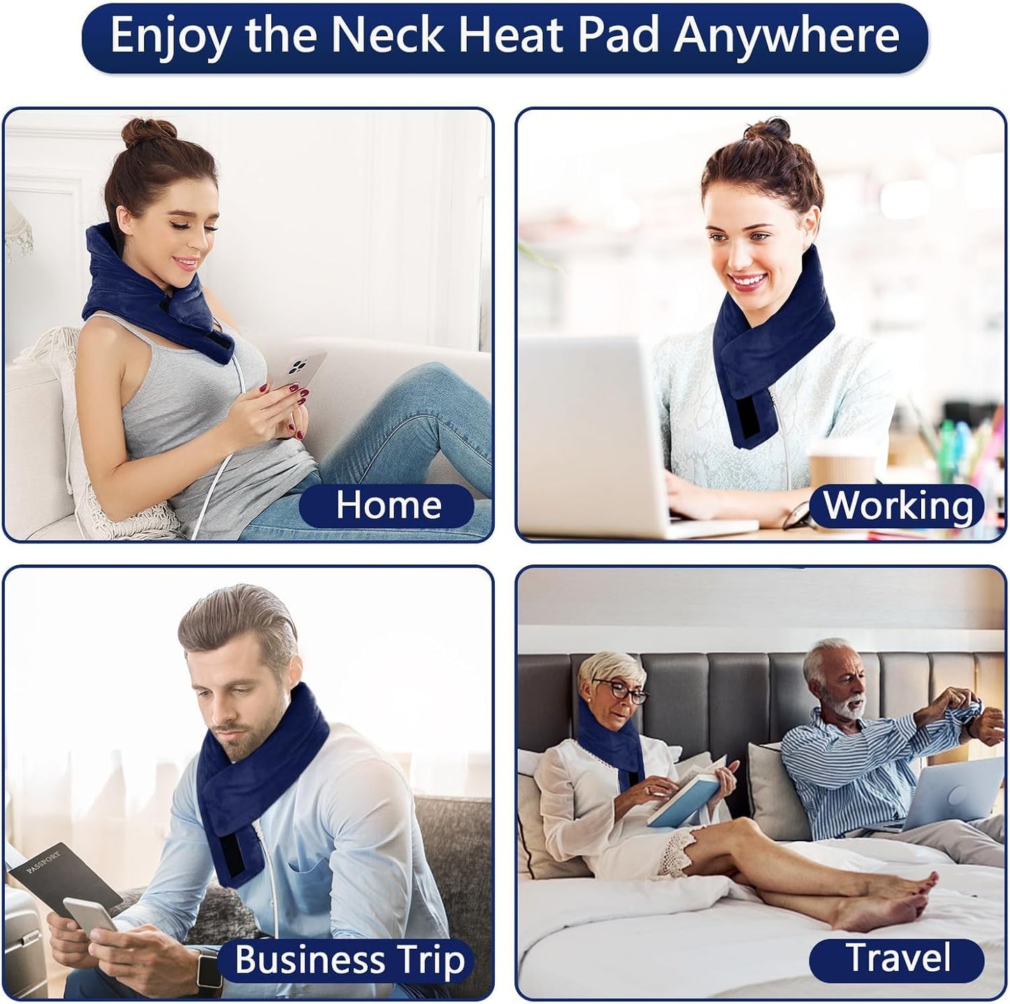 Heating Pad for Neck, Hands-Free Electric Heated Neck Wrap for Pain Relief, 29"×8'' Neck Heat Pad with 8.53ft Power Cord, Auto Shut Off,Size/Temperature/Time Adjustable（Navy）