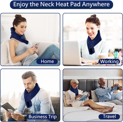 Heating Pad for Neck, Hands-Free Electric Heated Neck Wrap for Pain Relief, 29"×8'' Neck Heat Pad with 8.53ft Power Cord, Auto Shut Off,Size/Temperature/Time Adjustable（Navy）