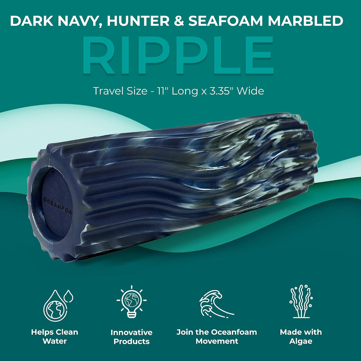 Ripple Travel Foam Roller (11" x 3.35") Firm Mini Foam Roller for Physical Therapy, Deep Tissue Massage, Back Pain - High Density, Wave Textured - Yoga, Exercise (Jade & Seafoam Marbled) - Colors B