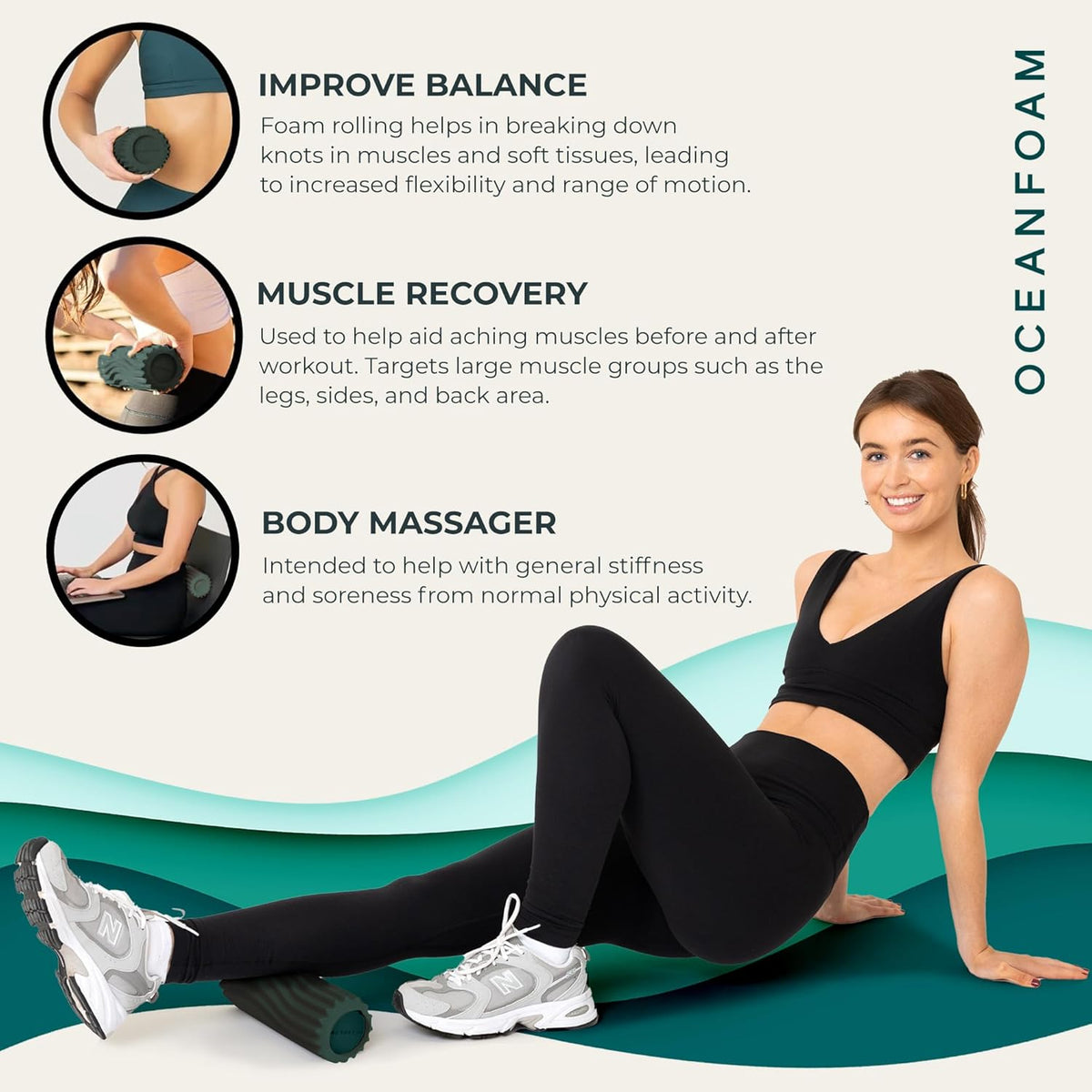 Ripple Travel Foam Roller (11" x 3.35") Firm Mini Foam Roller for Physical Therapy, Deep Tissue Massage, Back Pain - High Density, Wave Textured - Yoga, Exercise (Jade & Seafoam Marbled) - Colors B