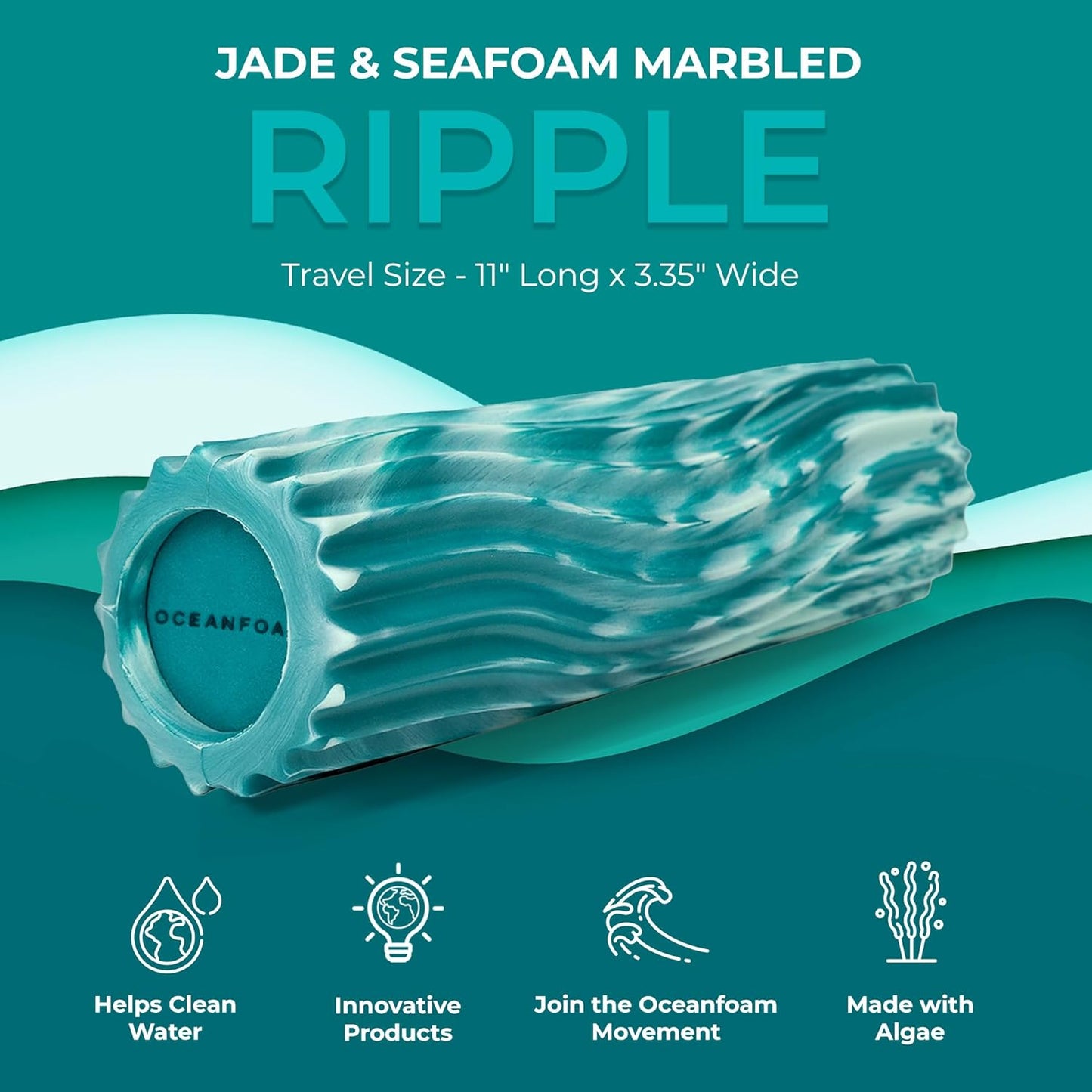 Ripple Travel Foam Roller (11" x 3.35") Firm Mini Foam Roller for Physical Therapy, Deep Tissue Massage, Back Pain - High Density, Wave Textured - Yoga, Exercise (Jade & Seafoam Marbled) - Colors B