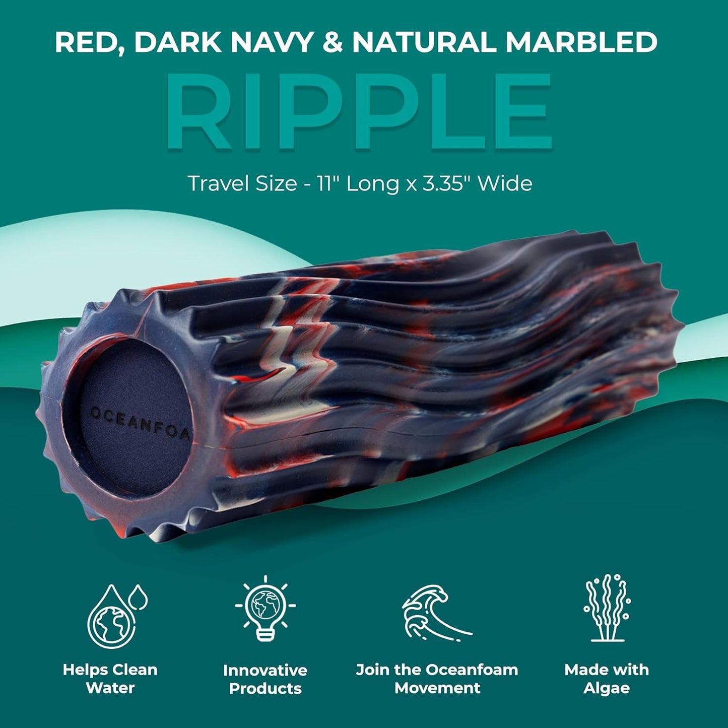 Ripple Travel Foam Roller (11" x 3.35") Firm Mini Foam Roller for Physical Therapy, Deep Tissue Massage, Back Pain - High Density, Wave Textured - Yoga, Exercise (Jade & Seafoam Marbled) - Colors B