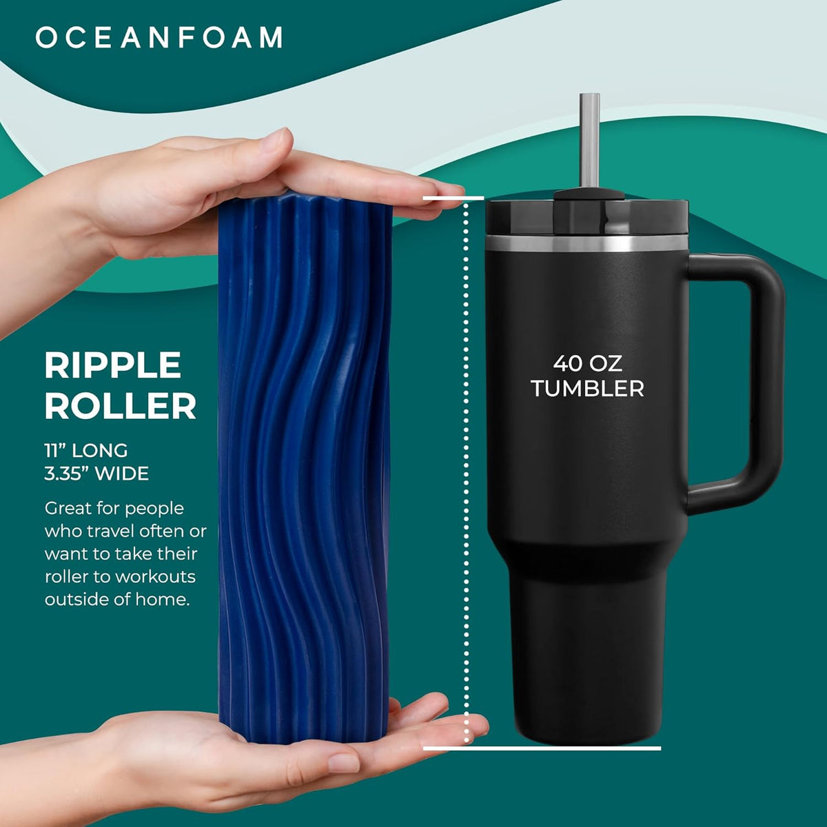 Ripple Travel Foam Roller (11" x 3.35") Firm Mini Foam Roller for Physical Therapy, Deep Tissue Massage, Back Pain - High Density, Wave Textured - Yoga, Exercise (Jade & Seafoam Marbled) - Colors B