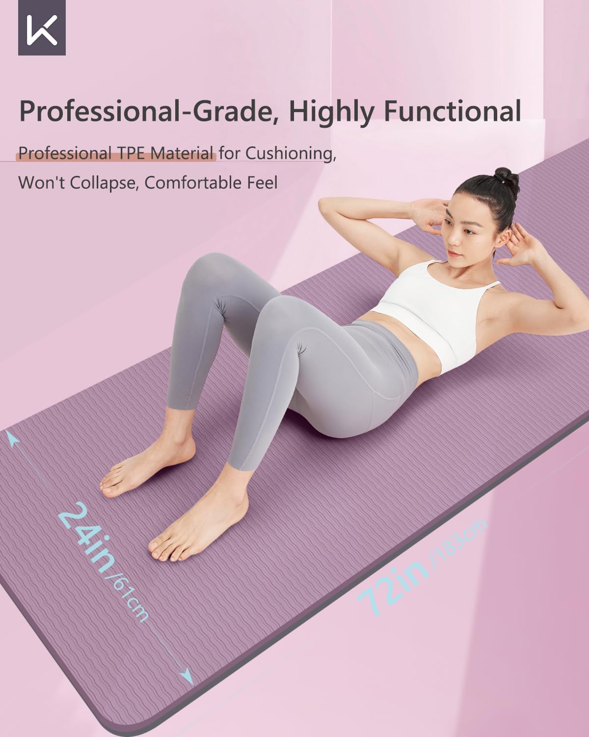 Yoga Mat 7mm Thick Non Slip - Extra Cushion TPE Exercise Mat for Home Workout & Pilates, Eco Friendly Knee Protection, 72"x24" Large Fitness Mat with Carrying Strap