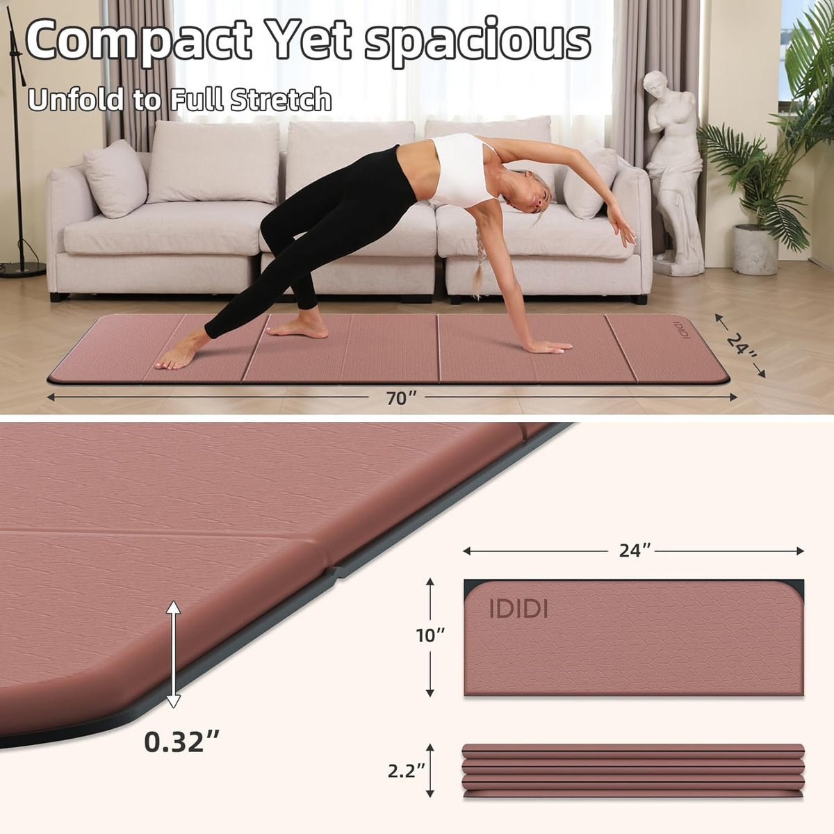 Foldable Yoga Mat Extra Thick 0.32 Inches(8mm) | SGS-certified, odorless POE. Non-slip surface & no curling edges. Great for yoga, Pilates & home gym.