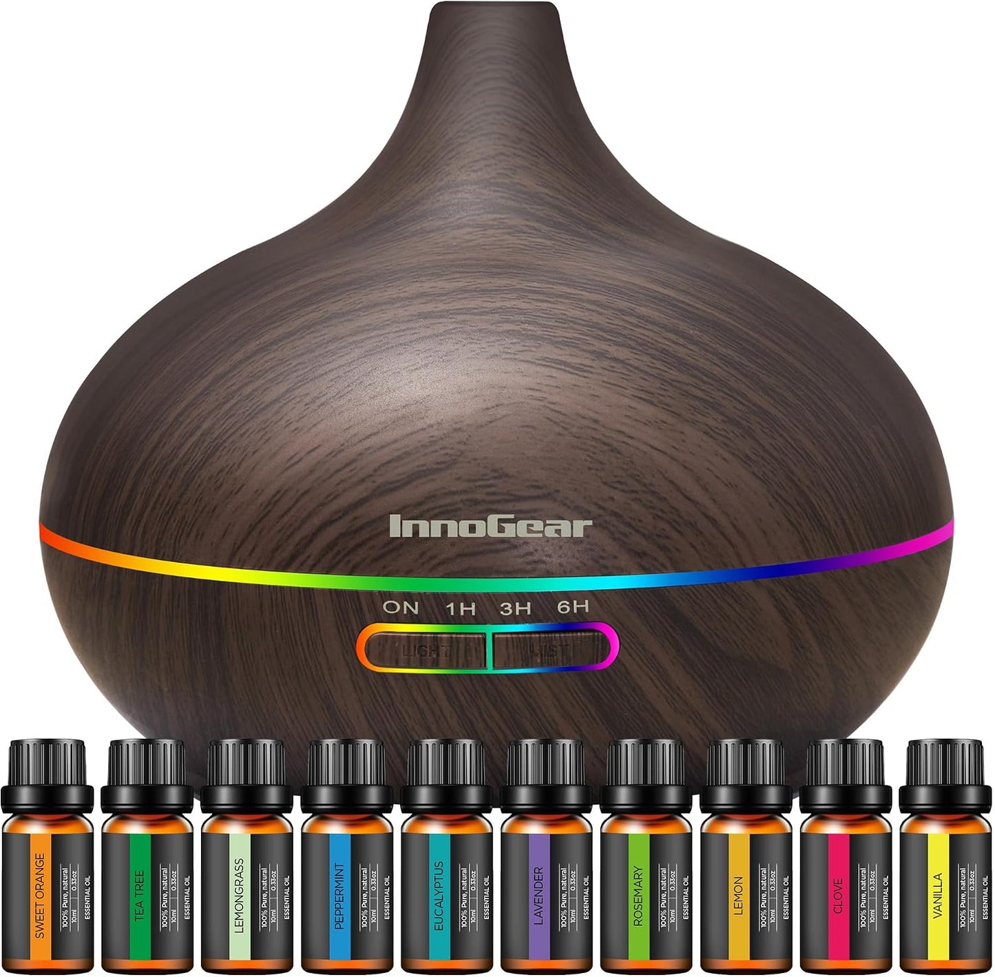 400ml Aromatherapy Essential Oil Diffuser 10 Oils Gift Set, Dark