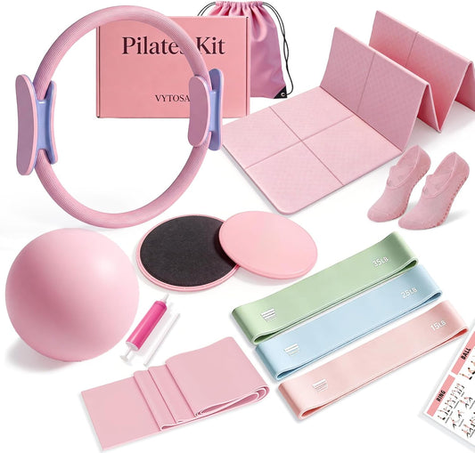 Foldable Pilates Kit for Women – Portable Home Workout Set with Compact Pilates Mat, Ring, Ball, Resistance Bands & Sliders for Small Spaces, Travel & Beginner Full Body Training