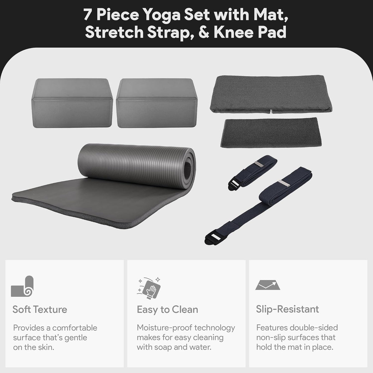BalanceFrom 7-Piece Yoga Set with 71x24x0.5 Inches Extra Thick Mat and Carrying Sling – Includes 2 Blocks, Stretch Strap, 2 Towels, and Knee Pad for Home, Studio, and Gym Workouts