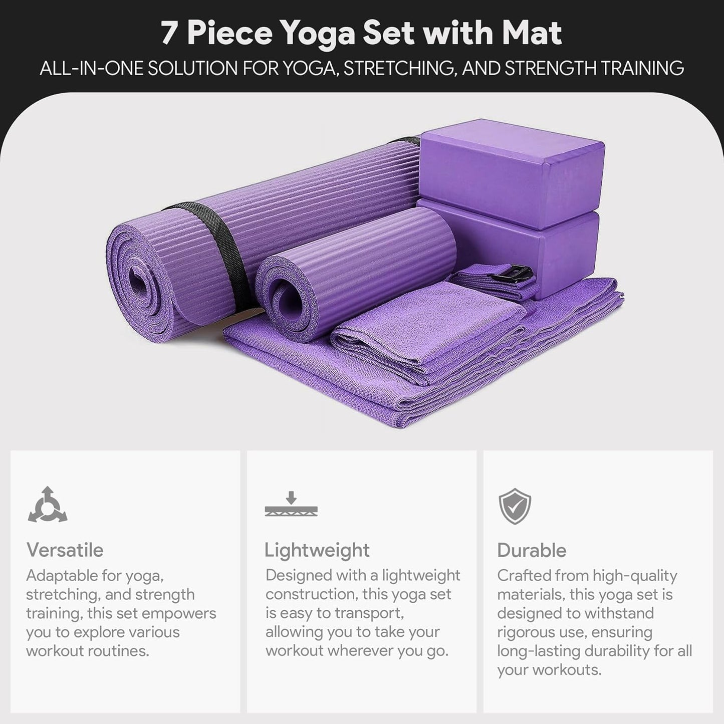 BalanceFrom 7-Piece Yoga Set with 71x24x0.5 Inches Extra Thick Mat and Carrying Sling – Includes 2 Blocks, Stretch Strap, 2 Towels, and Knee Pad for Home, Studio, and Gym Workouts
