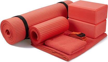 BalanceFrom 7-Piece Yoga Set with 71x24x0.5 Inches Extra Thick Mat and Carrying Sling – Includes 2 Blocks, Stretch Strap, 2 Towels, and Knee Pad for Home, Studio, and Gym Workouts