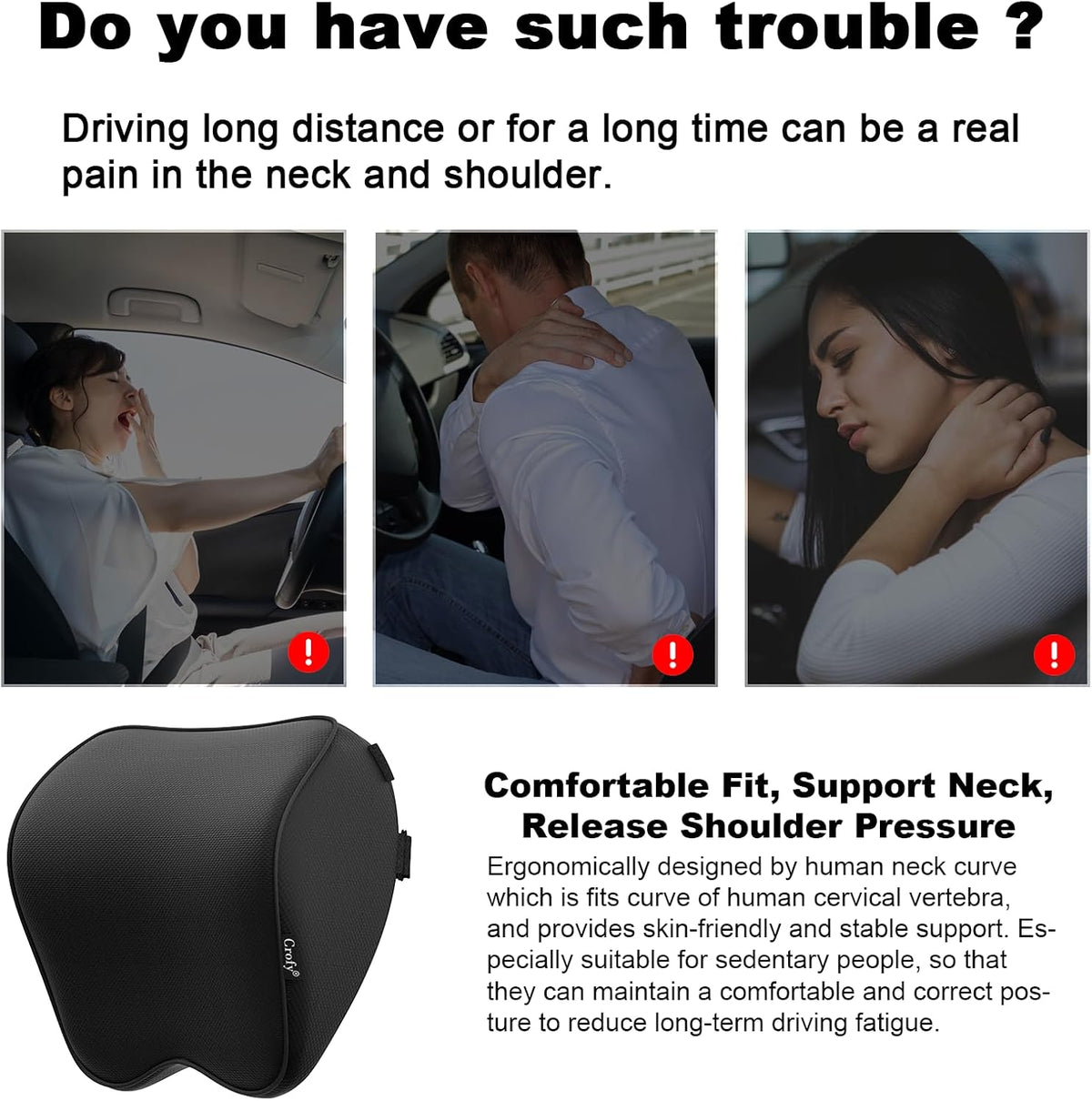 Crofy 2-Pack Car Neck Pillow, Headrest Pillow with Adjustable Strap, Black