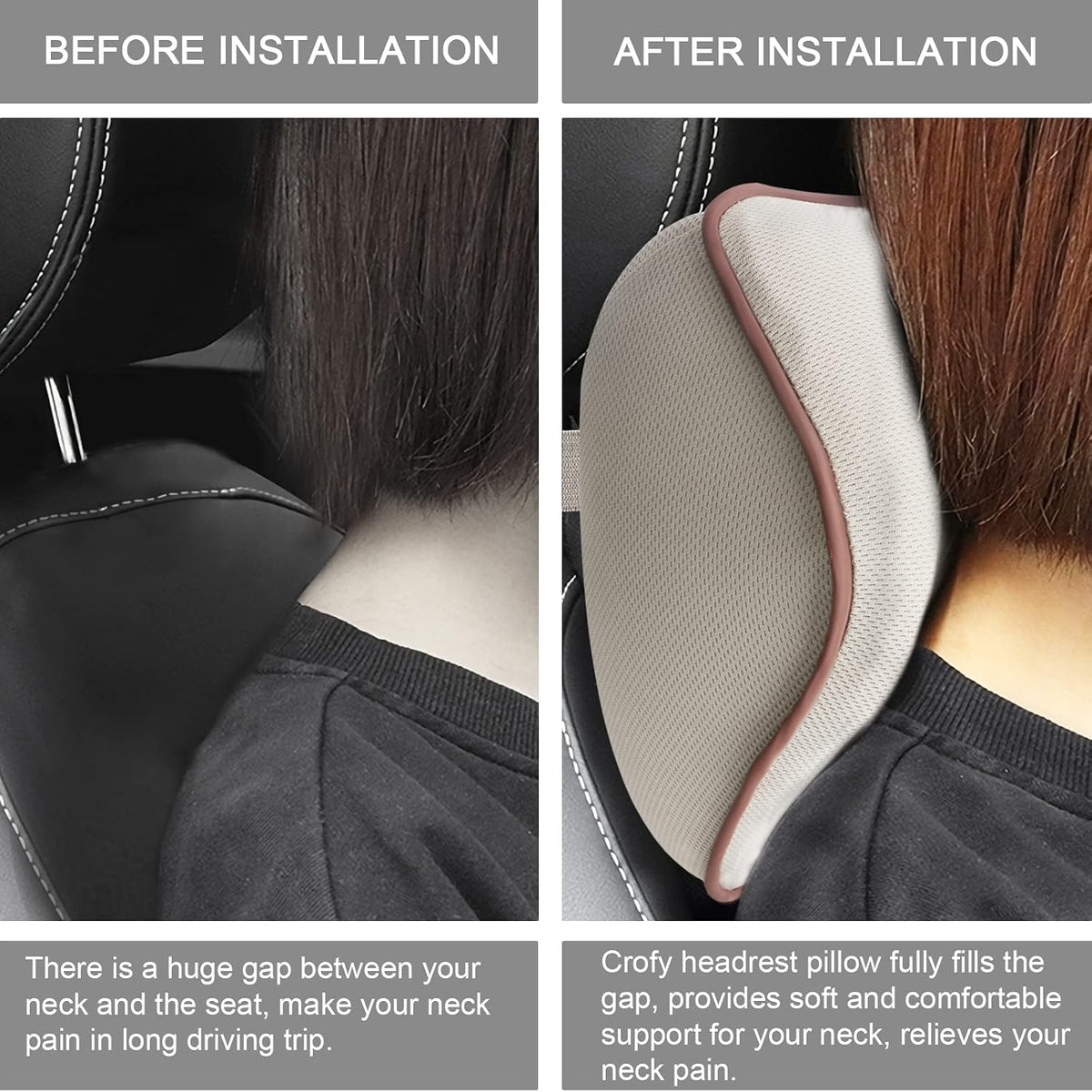 Crofy 2-Pack Car Neck Pillow, Headrest Pillow with Adjustable Strap, Black