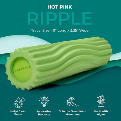 Ripple Travel Foam Roller (11" x 3.35") Firm Mini Foam Roller for Physical Therapy, Deep Tissue Massage, Back Pain - High Density, Wave Textured - Yoga, Exercise (Jade & Seafoam Marbled) - Colors A