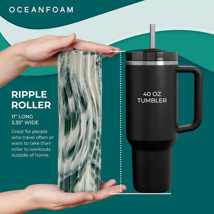 Ripple Travel Foam Roller (11" x 3.35") Firm Mini Foam Roller for Physical Therapy, Deep Tissue Massage, Back Pain - High Density, Wave Textured - Yoga, Exercise (Jade & Seafoam Marbled) - Colors A