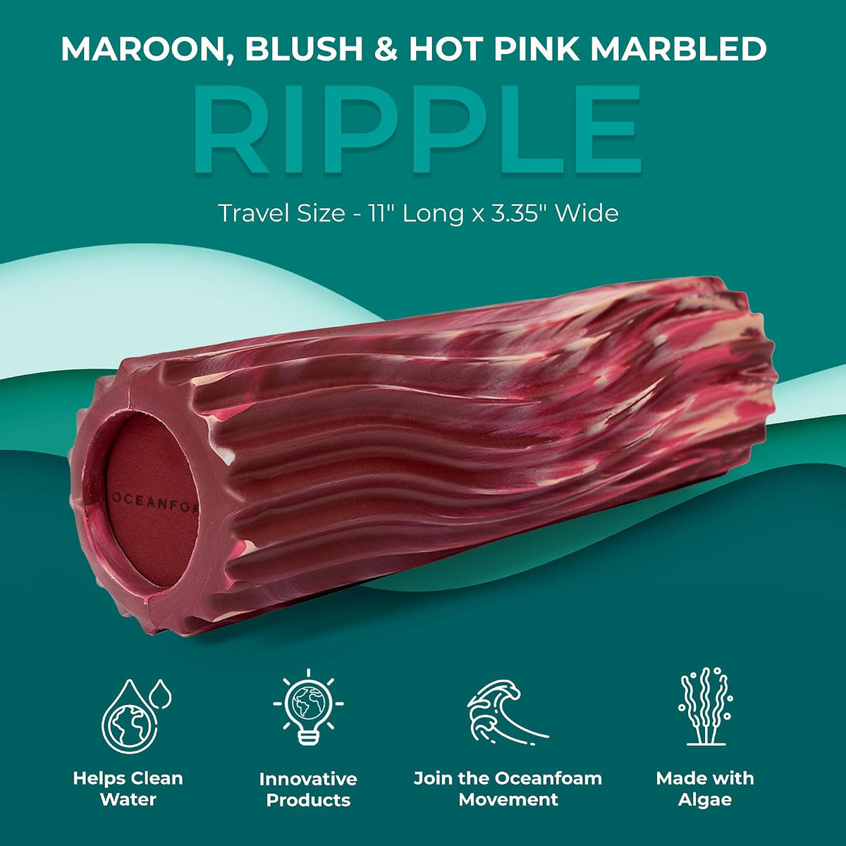Ripple Travel Foam Roller (11" x 3.35") Firm Mini Foam Roller for Physical Therapy, Deep Tissue Massage, Back Pain - High Density, Wave Textured - Yoga, Exercise (Jade & Seafoam Marbled) - Colors A