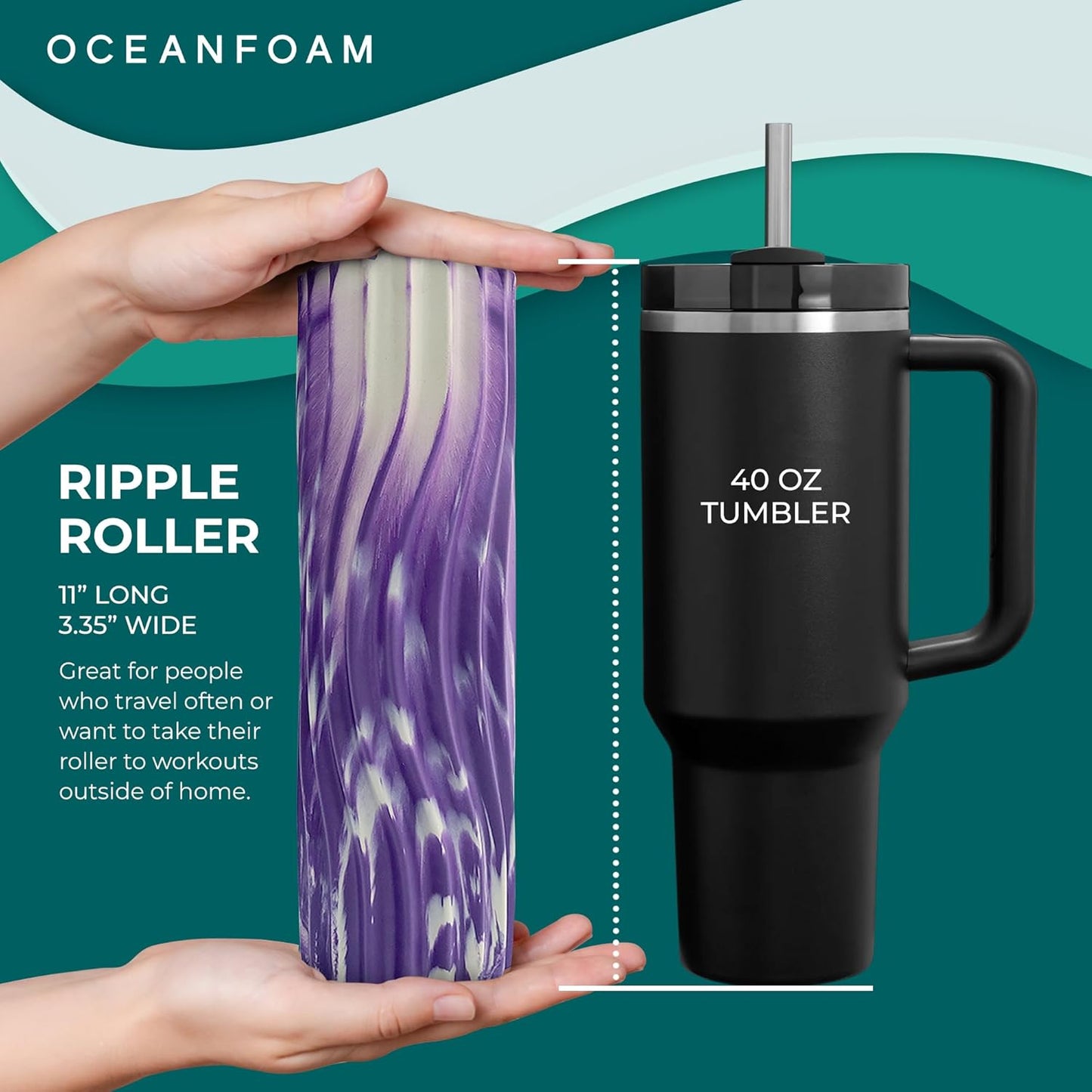 Ripple Travel Foam Roller (11" x 3.35") Firm Mini Foam Roller for Physical Therapy, Deep Tissue Massage, Back Pain - High Density, Wave Textured - Yoga, Exercise (Jade & Seafoam Marbled) - Colors A