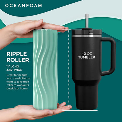 Ripple Travel Foam Roller (11" x 3.35") Firm Mini Foam Roller for Physical Therapy, Deep Tissue Massage, Back Pain - High Density, Wave Textured - Yoga, Exercise (Jade & Seafoam Marbled) - Colors A