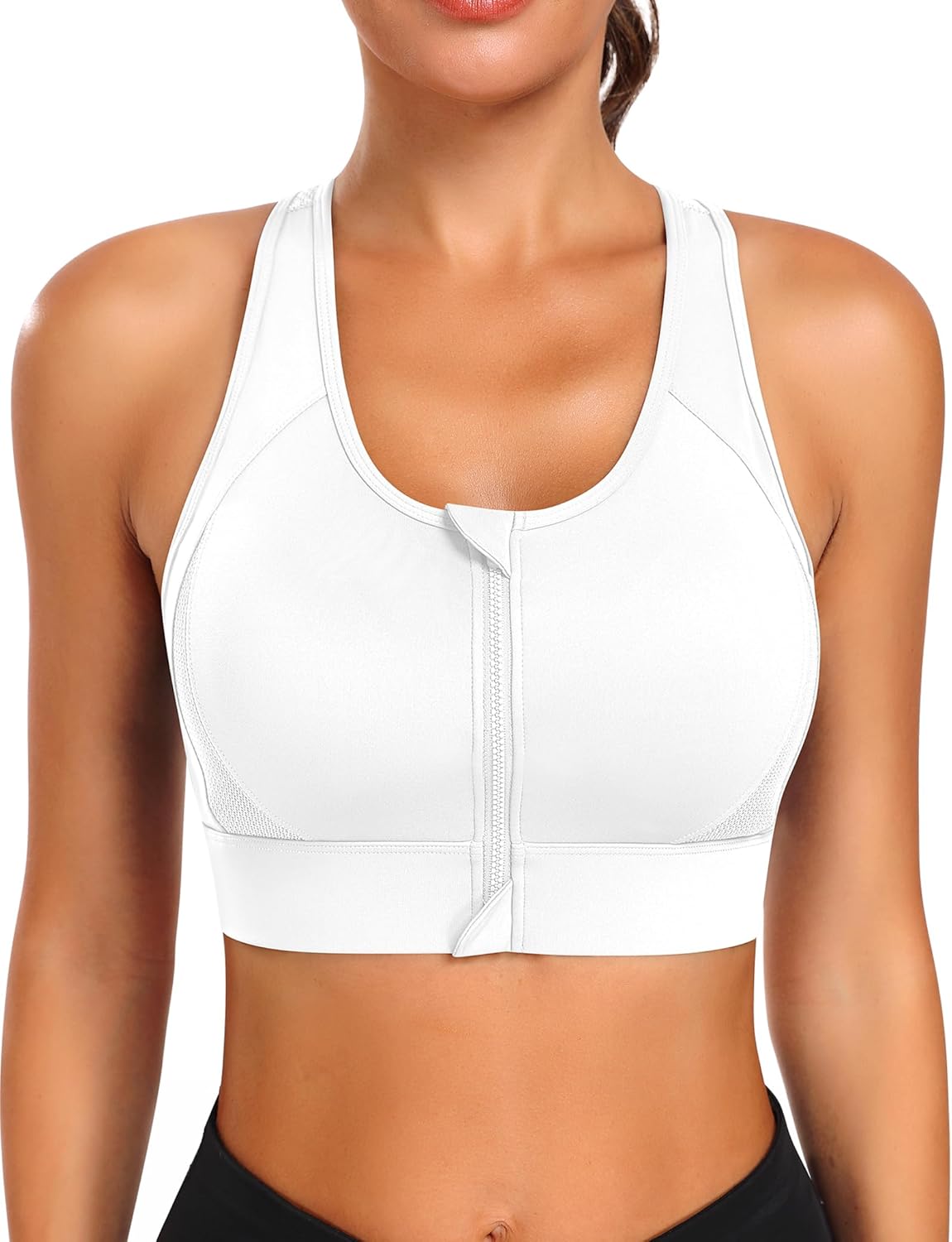 Zip Front Sports Bra High Impact Workout Bra for Women Mesh Racerback Gym Bra Padded High Support Yoga Bra