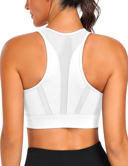 Zip Front Sports Bra High Impact Workout Bra for Women Mesh Racerback Gym Bra Padded High Support Yoga Bra