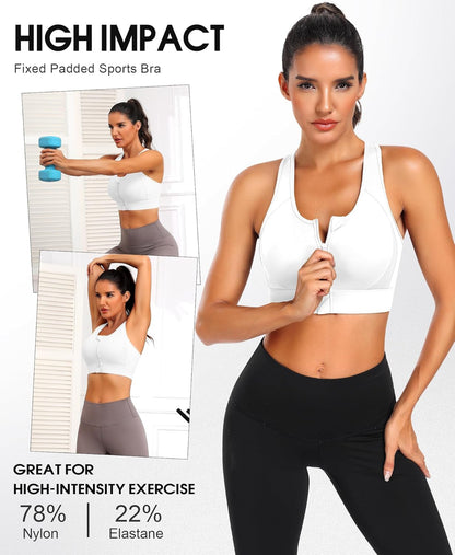 Zip Front Sports Bra High Impact Workout Bra for Women Mesh Racerback Gym Bra Padded High Support Yoga Bra