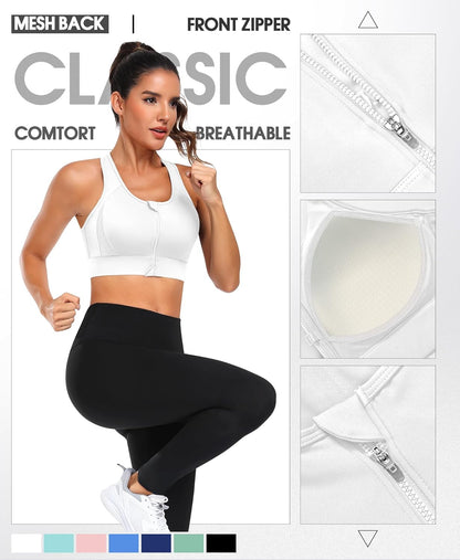 Zip Front Sports Bra High Impact Workout Bra for Women Mesh Racerback Gym Bra Padded High Support Yoga Bra