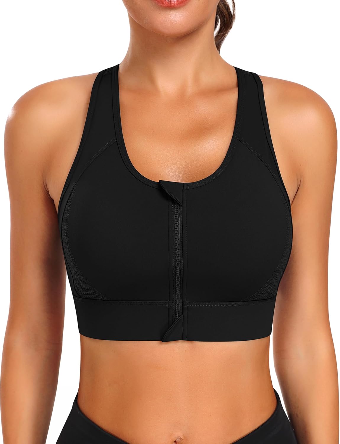 Zip Front Sports Bra High Impact Workout Bra for Women Mesh Racerback Gym Bra Padded High Support Yoga Bra